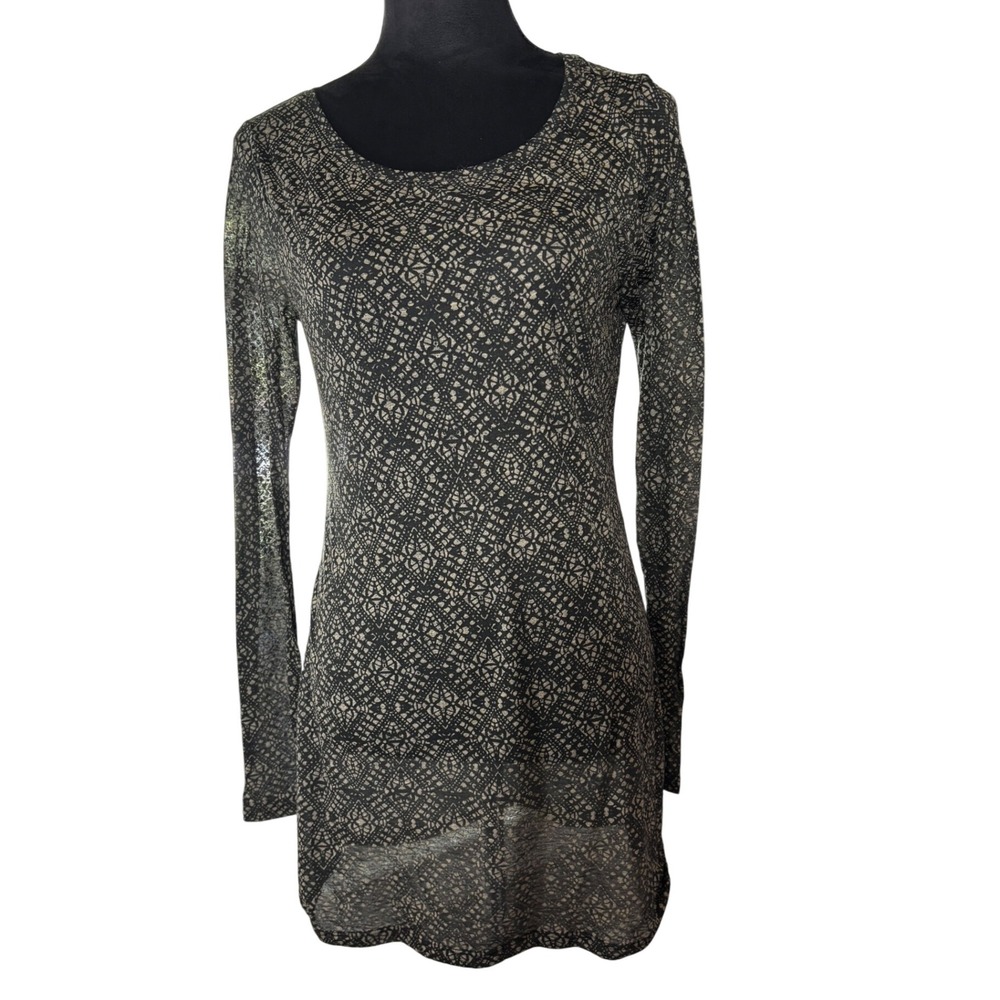 Peruvian Connection Black‎ Beige Pattern Long Sleeve Tunic Top